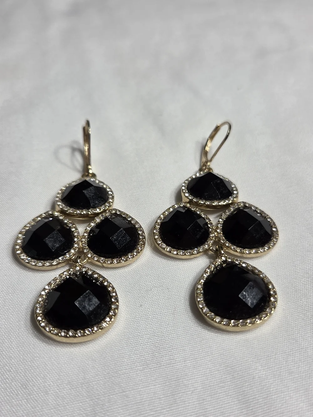 Elegant Black Gem Teardrop Dangle Earrings - Gold Tone